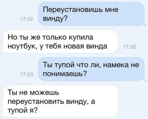 – Переустановишь мне винду? – Но ты же только купила ноутбук, у тебя новая винда. – Ты тупой что ли, намека не понимаешь? – Ты не можешь переустановить винду, а тупой я?