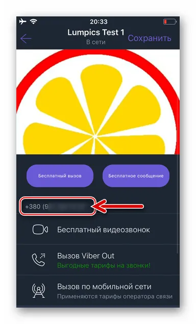 Viber для iOS номер телефона другого участника мессенджера на экране со сведениями о нем