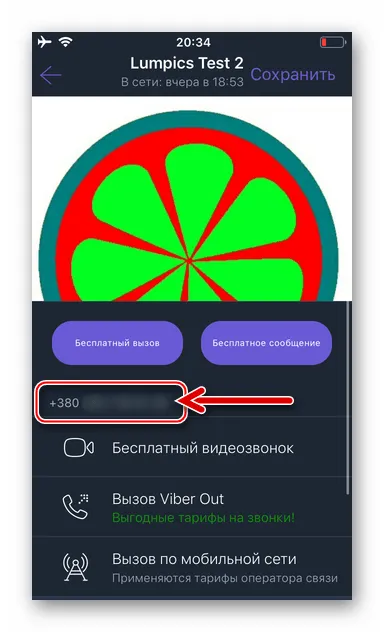 Viber для iOS экран с данными участника группового чата, его номер телефона